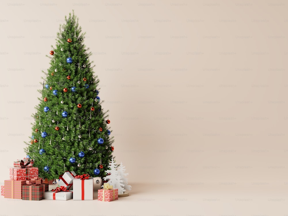 Árbol de Navidad y fondo de color crema de Año Nuevo.3D renderizado