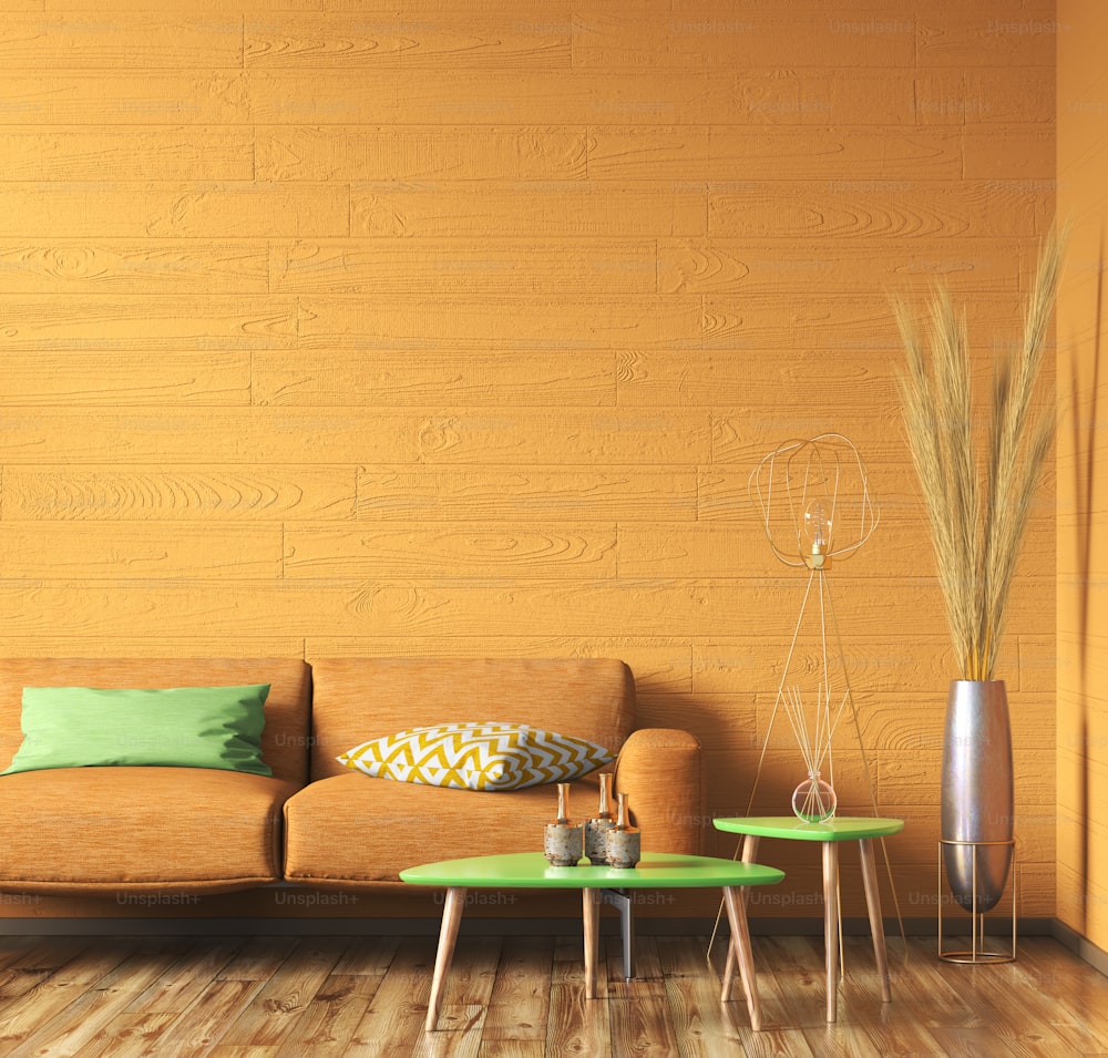 Interior design di moderno colorato, vivace soggiorno con divano arancione e tavolini verdi sopra la parete mockup, home design, rendering 3d