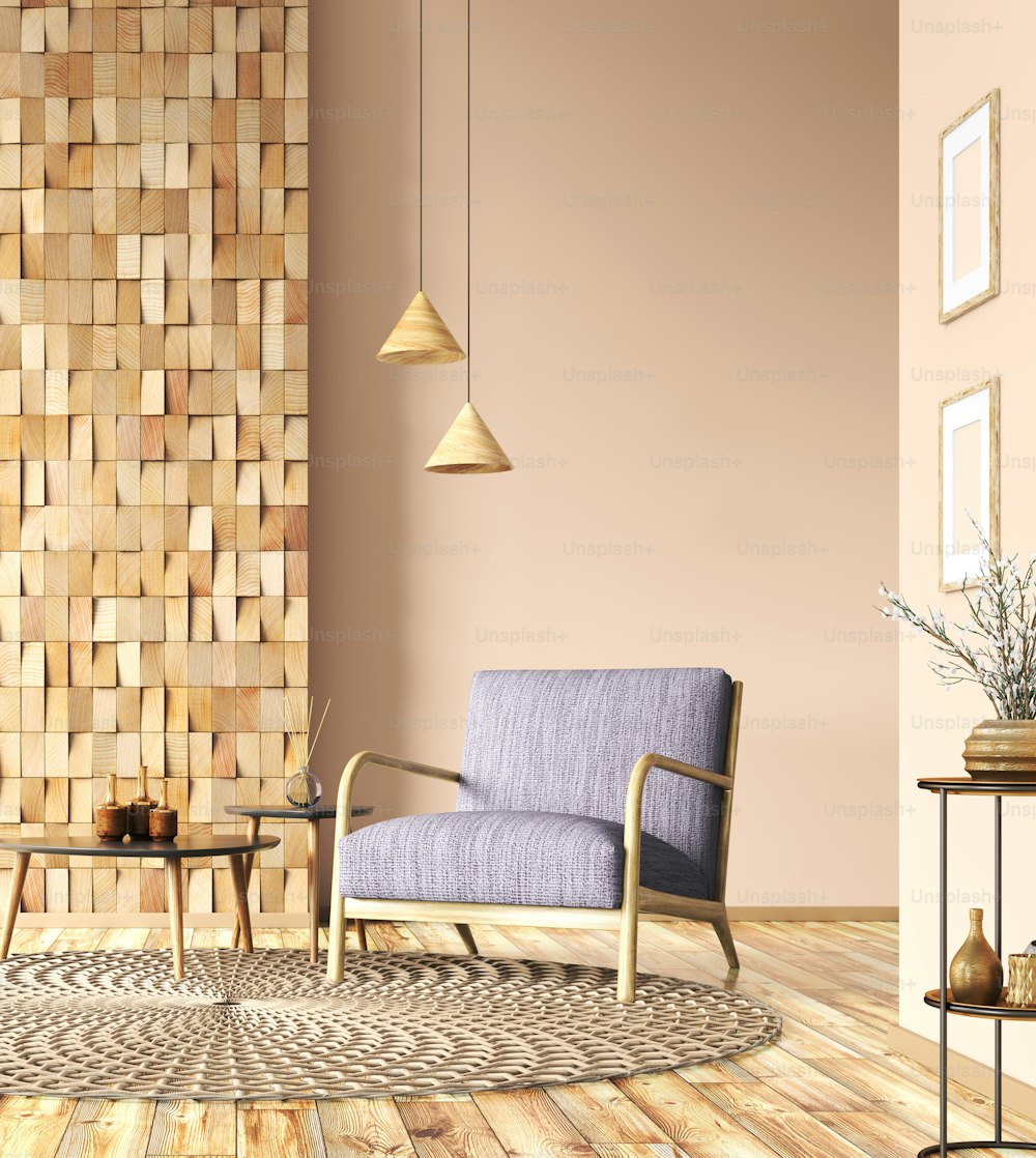 Design intérieur du salon avec tables basses, lustre et fauteuil violet sur le mur beige avec boiseries, home design 3D rendering