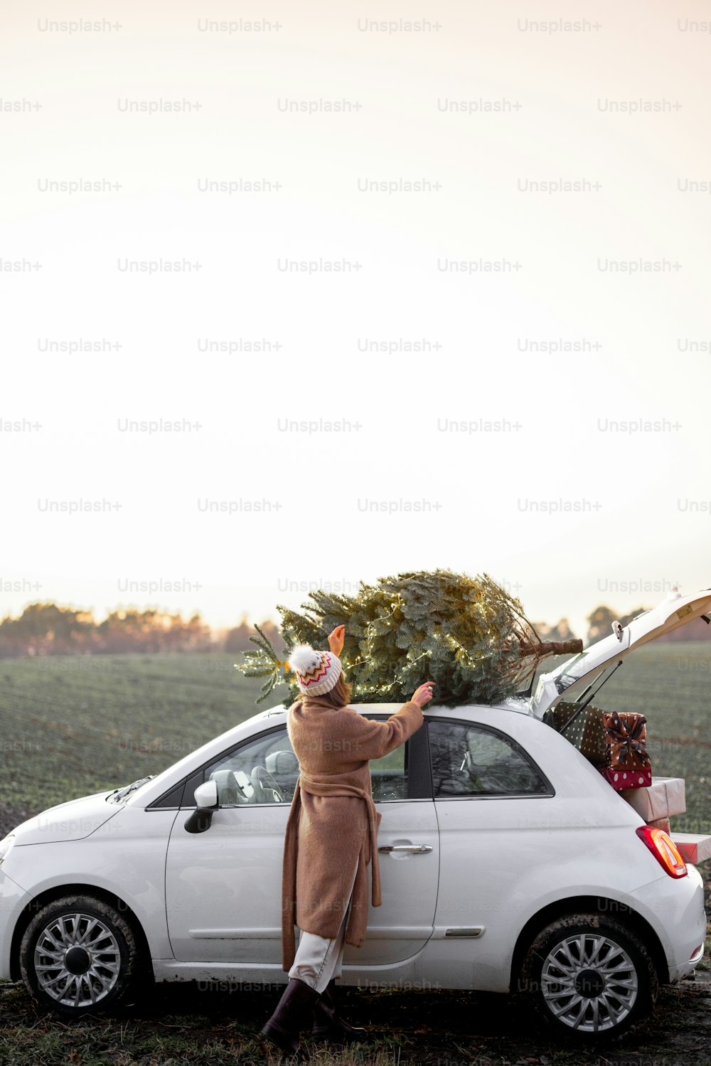 Woman packing Christmas tree on a rooftop of her car, getting ready for a holidays. Idea of Christmas mood and celebration. Woman wearing fur coat and hat. Evening with beautiful sunset sky
