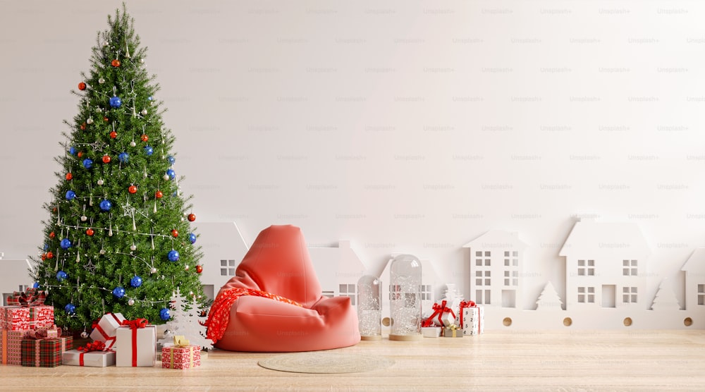Living room interior with armchair and decorated christmas tree on empty white background.3D rendering