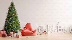 Intérieur salon avec fauteuil et sapin de Noël décoré sur fond blanc vide.3D rendu