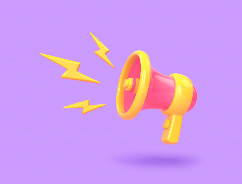 Cartoon megaphone isolated on purple background. 3D rendering with clipping path