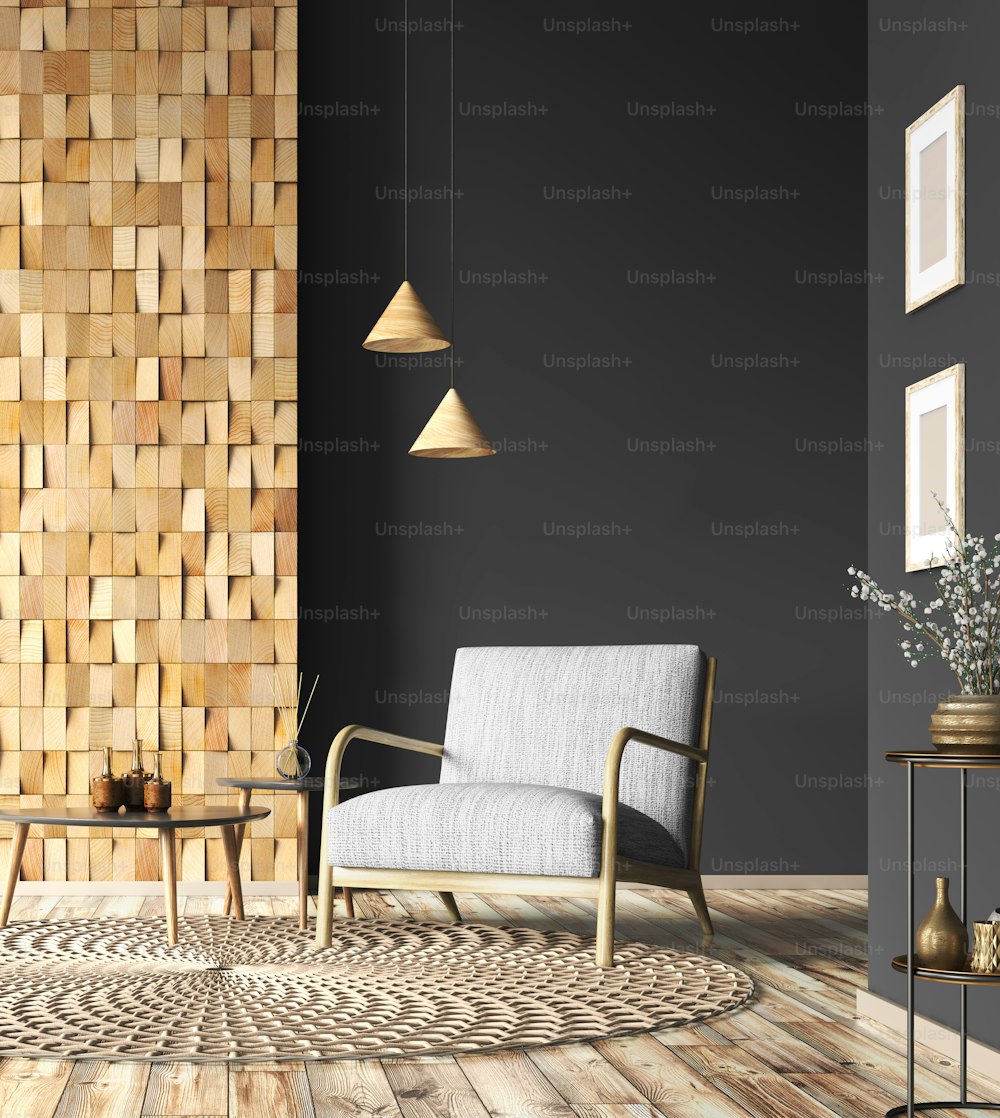 Interior design del soggiorno con tavolini, lampadario e poltrona grigia sopra la parete nera con pannelli in legno, home design rendering 3d
