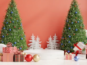 Podio de exhibición de productos blancos con árbol de Navidad en la sala de estar sobre fondo de pared roja, renderizado 3D