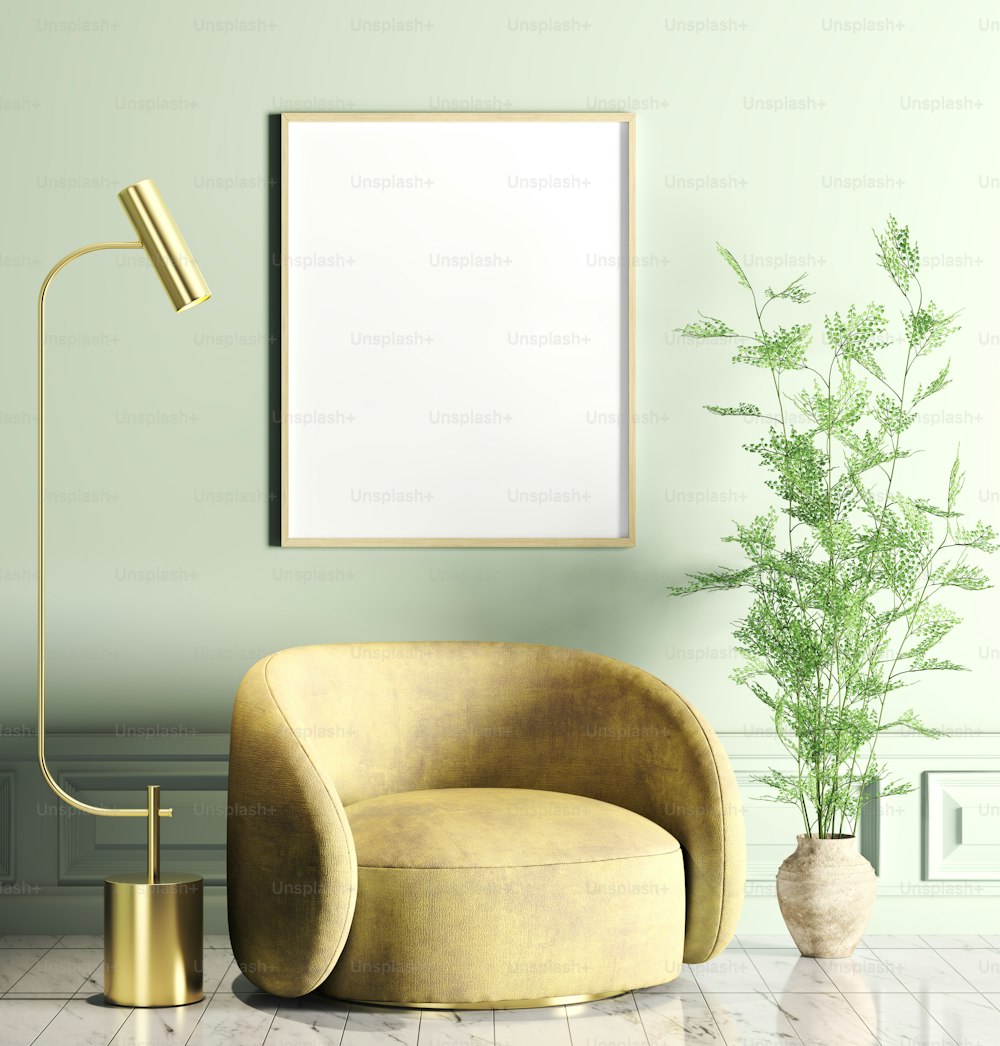 Interior con sillón amarillo en sala de estar moderna con pared verde y póster de maqueta, lámpara de pie en el suelo de baldosas de mármol, diseño del hogar 3D renderizado