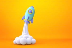 Cartoon rocket launch on yellow background. Business startup concept. 3D rendering with clipping path