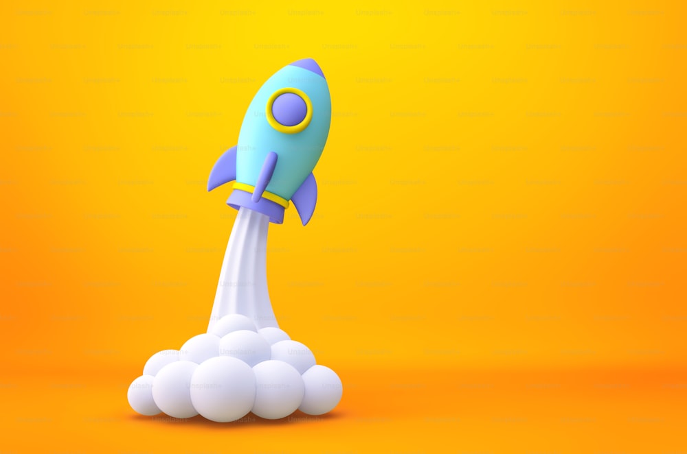 Cartoon rocket launch on yellow background. Business startup concept. 3D rendering with clipping path