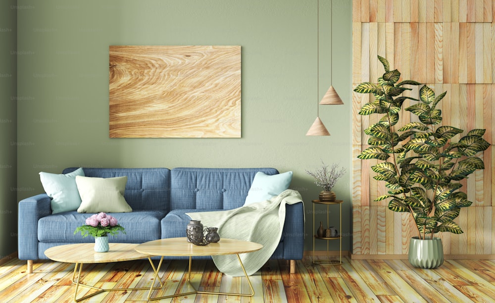 Design interior do apartamento moderno, sofá azul na sala de estar contemporânea, cartaz de madeira na parede e painéis de madeira, design da casa. Renderização 3D