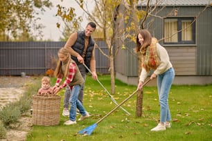 Working mood. Smiling young man and pretty woman in warm clothes raking leaves on lawn girl with little brother pouring into basket in garden near house