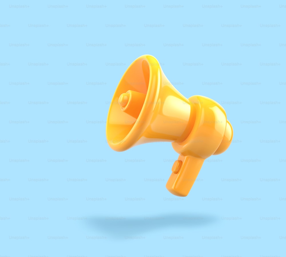 Yellow megaphone isolated on blue background. 3D rendering with clipping path