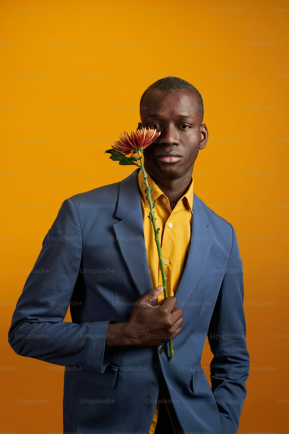 Porträt eines afrikanischen jungen Mannes in gelbem Hemd und Anzug, der mit einer Blume vor dem gelben Hintergrund posiert