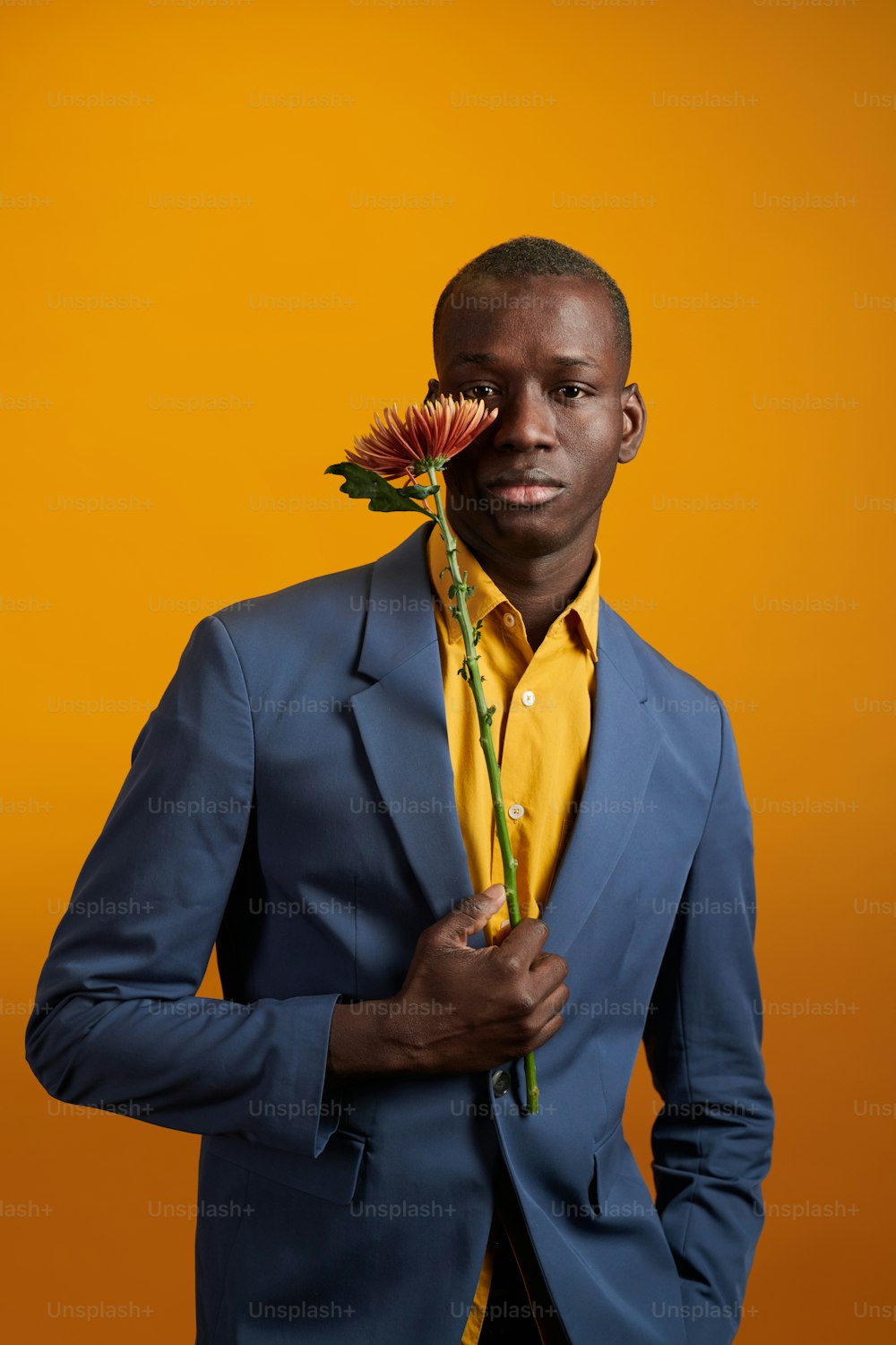 Portrait of African young man in yellow shirt and suit posing with flower against the yellow background