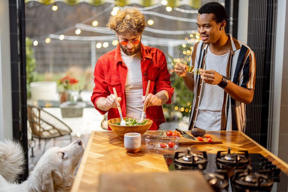 Two brightly dressed stylish guys having fun while making salad together on background of backyard. Concept of gay couples and everyday life at home. Caucasian and hispanic man cooking healthy food