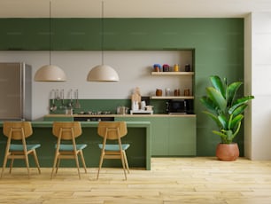 緑の壁を持つモダンなスタイルのキッチンインテリアデザイン.3Dレンダリング