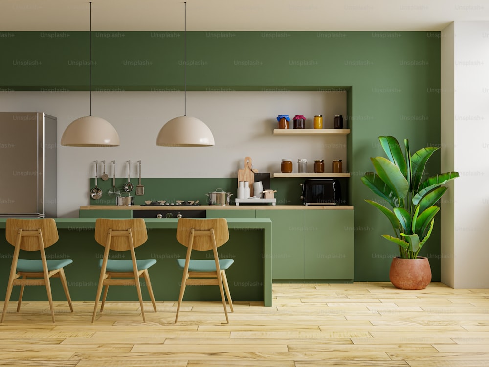 Design interior de cozinha de estilo moderno com parede verde.3D renderização