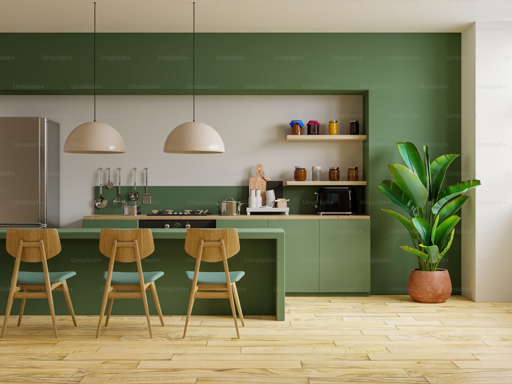 Modern style kitchen interior design with green wall.3D rendering