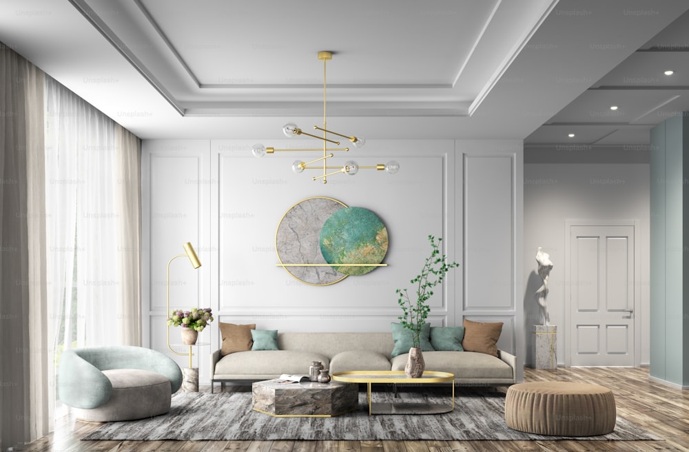 Design intérieur moderne de l’appartement, salon avec canapé beige, tables basses en marbre et fauteuil 3D rendu