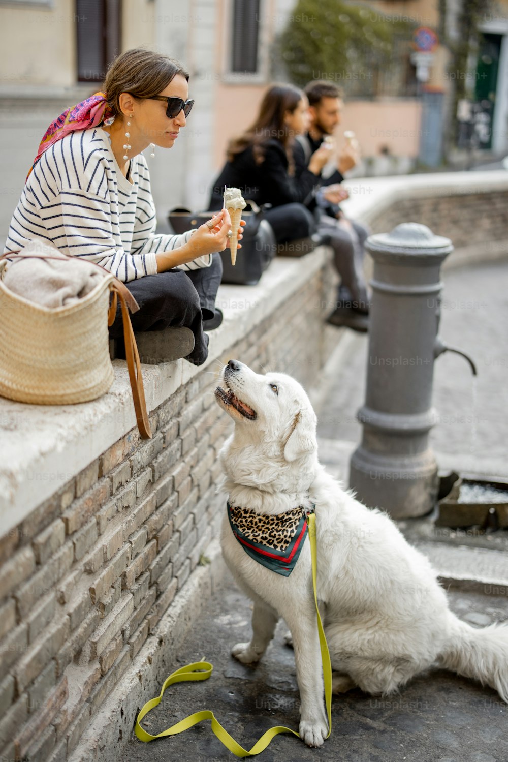 Mujer joven comiendo helado mientras está sentada con su enorme perro al aire libre. Concepto de estilo de vida callejero italiano y helado italiano