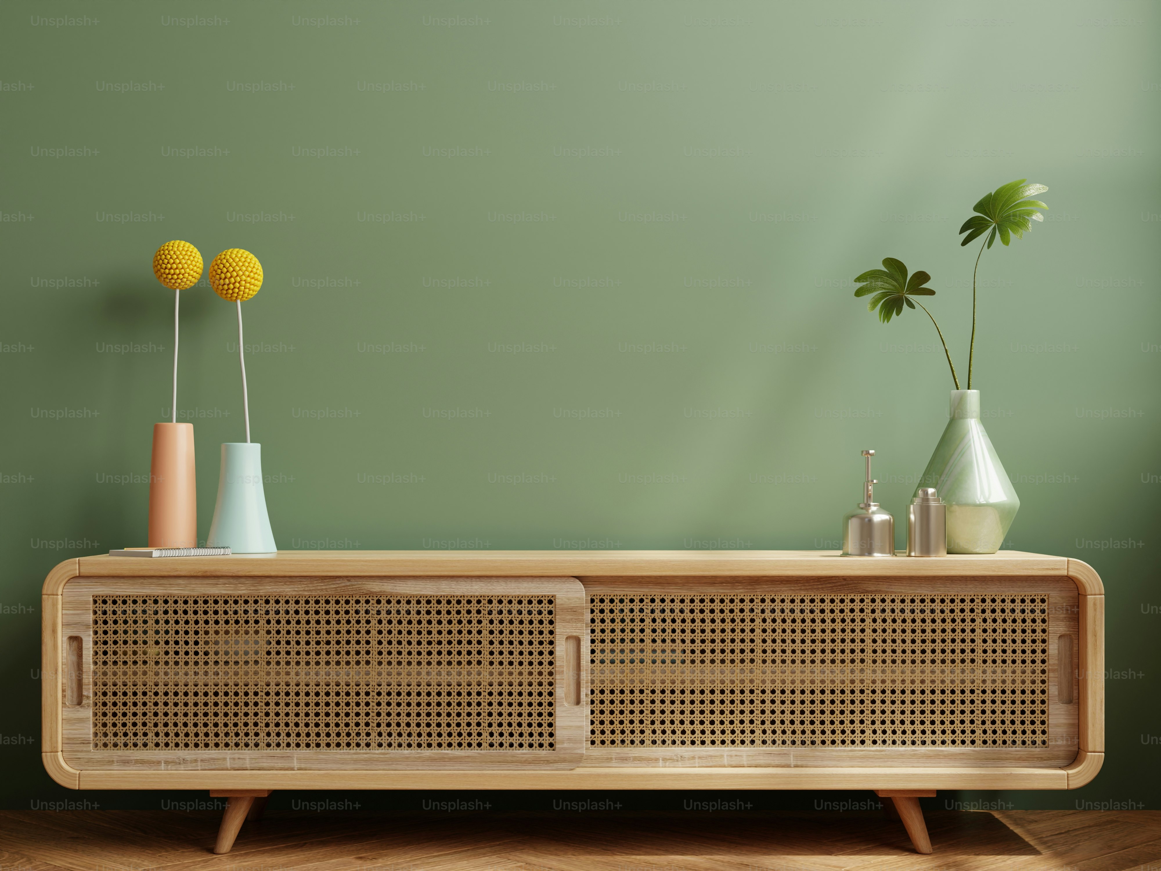 Gabinete mínimo simples para maquete de parede verde interior da tv.3d renderização