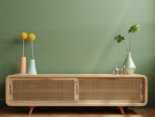 Simple minimal cabinet for tv interior green wall mockup.3d rendering