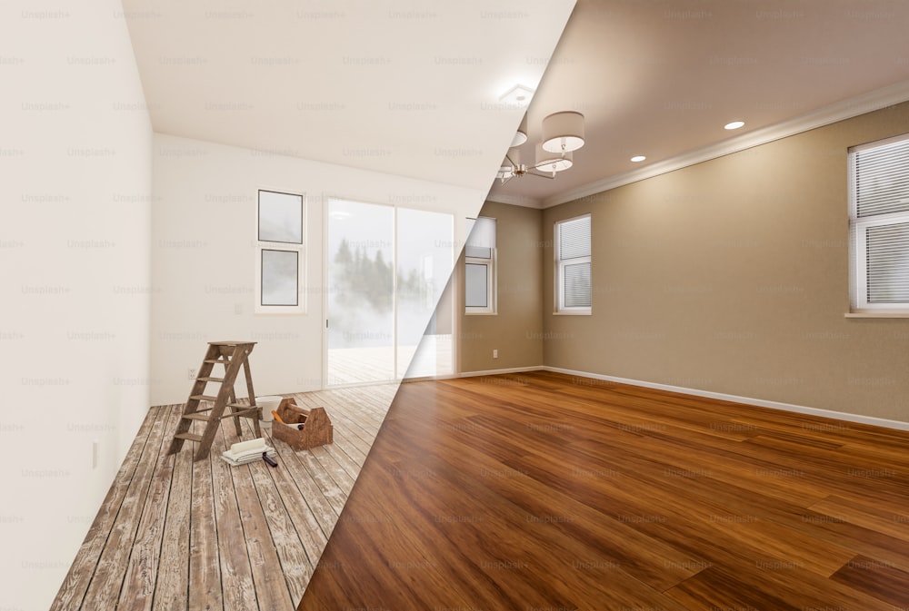 미완성 원시와 새로 리모델링 된 집 전후의 방에는 나무 바닥, 몰딩, 황갈색 페인트 및 천장 조명이 있습니다.