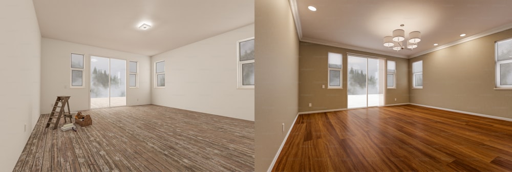 Antes y después de la habitación cruda y recién remodelada de la casa con pisos de madera terminados, molduras, pintura y luces de techo.