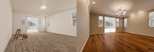 Before and After of Unfinished Raw and Newly Remodeled Room Of House with Finished Wood Floors, Moulding, Paint and Ceiling Lights.