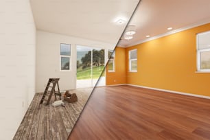 木の床、モールディング、黄色の黄土色のペンキ、天井のライトを備えた家の前後の未完成の生の新しく改造された部屋。