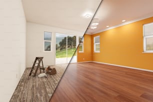 Chambre de maison brute non finie et nouvellement rénovée avant et après avec planchers de bois, moulures, peinture ocre jaune et plafonniers.