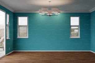 Neu renoviertes Zimmer des Hauses mit Holzböden, Zierleisten, satter blauer Farbe und Deckenleuchten.