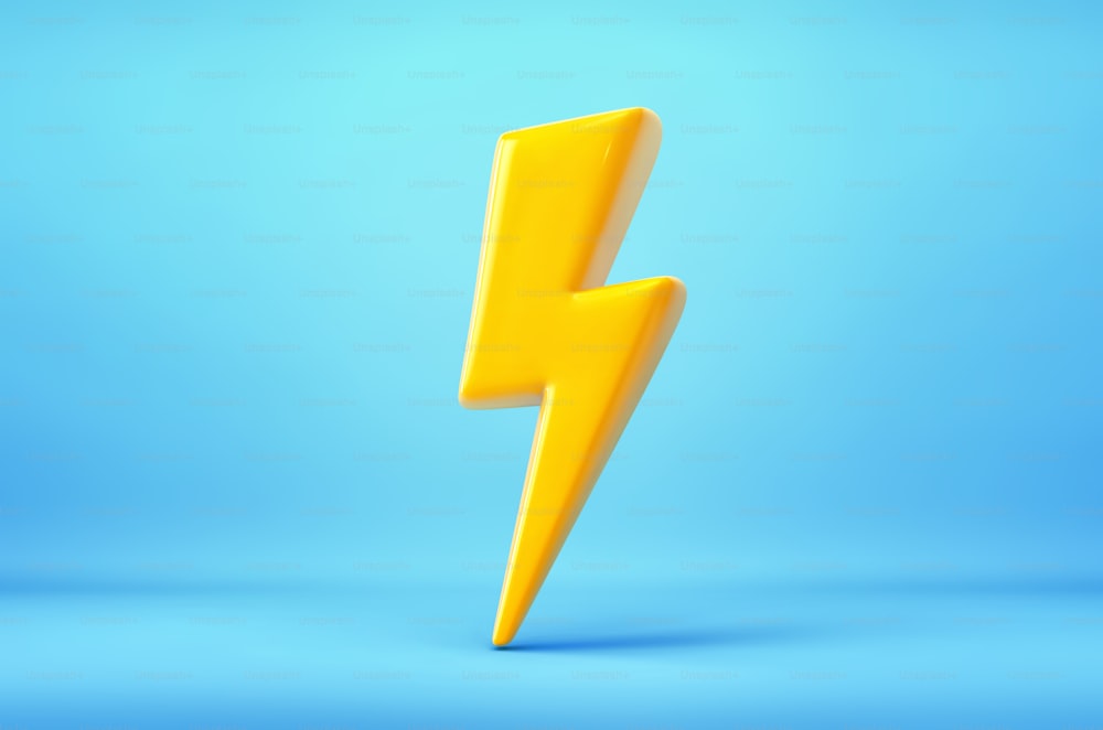 노란 벼락, 파란색 배경에 번개가 번쩍입니다. 에너지와 힘의 상징. 3D 렌더링