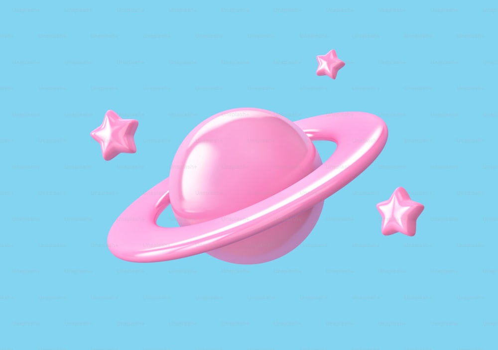 Pink planet with ring around and stars isolated on blue background. 3D rendering with clipping path