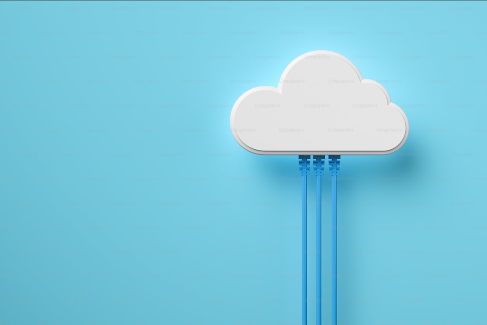 Fundo do conceito de tecnologia de computação em nuvem, conexão de nuvem branca com cabo de rede, renderização 3D.