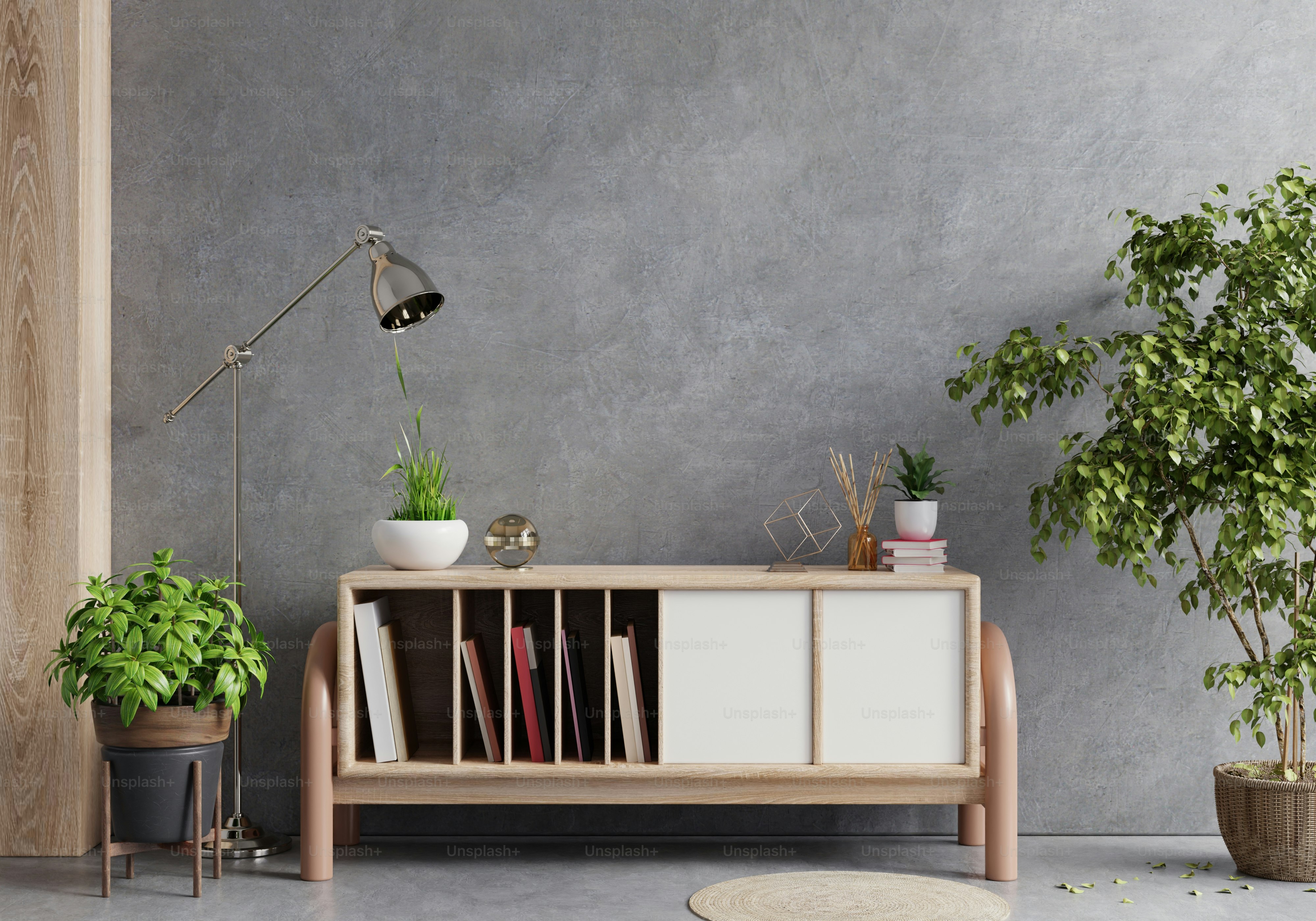 Kabinettmodell in modernem leerem Raum, Betonwand.3d Rendering