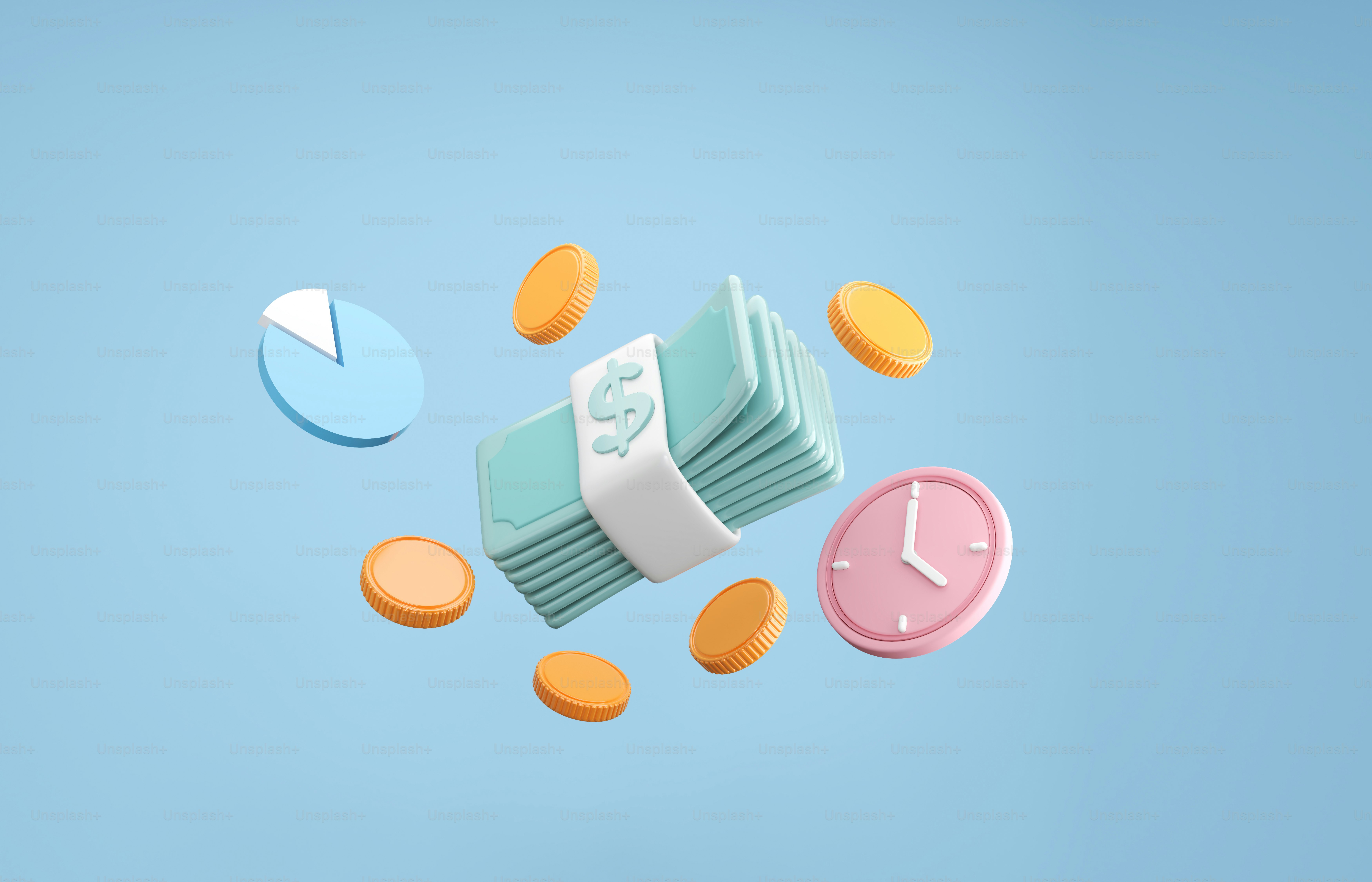 money saving concept, Bundles cash and floating coin isolate on blue background. 3d rendering.