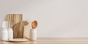 kitchen interior with kitchen utensils standing on wooden shelf.3D rendering
