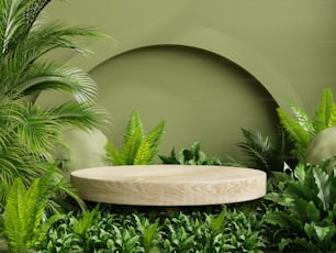 Piedistallo in legno nella foresta tropicale per la presentazione del prodotto e parete verde.3d rendering