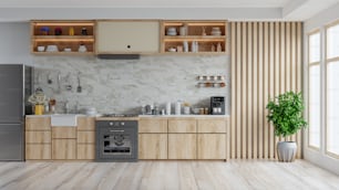 Modern kitchen interior with furniture,kitchen interior with tiles wall.3d rendering