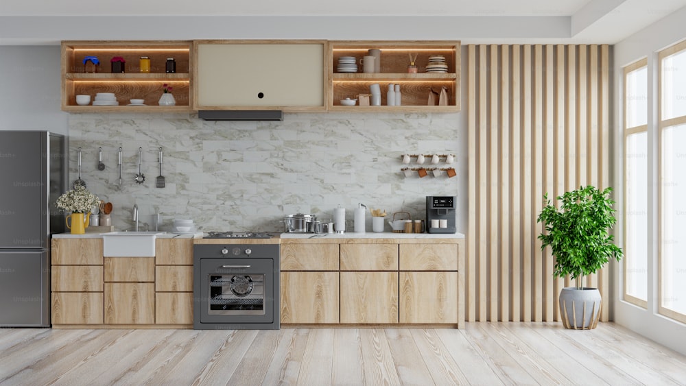 Interior de la cocina moderna con muebles, interior de la cocina con pared de azulejos.3d renderizado