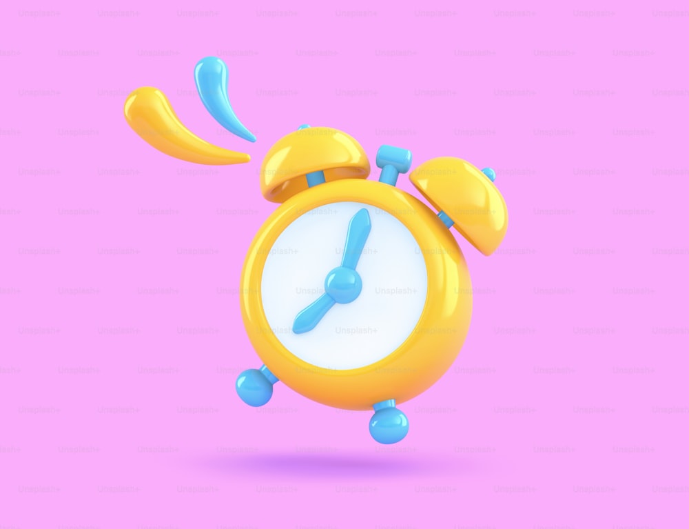 Wake up time. Yellow and blue alarm clock isolated on purple background. 3D rendering with clipping path