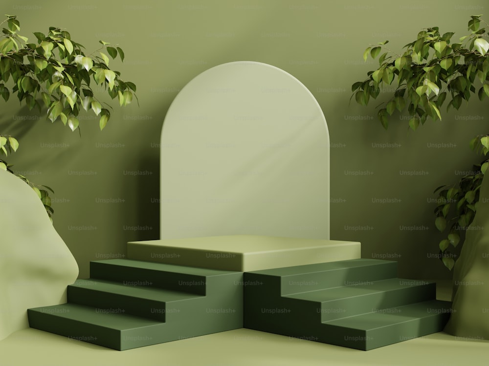Podio scale in foresta tropicale per presentazione prodotto e parete verde.3d rendering