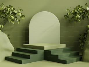 Stairs podium in tropical forest for product presentation and green wall.3d rendering