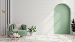 Poltrona verde con tavolo su parete verde e pavimento in terrazzo bianco.3d rendering