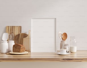 Mock-up-Posterrahmen im Kücheninnenraum mit weißer Wand auf Holzregal.3d Rendering