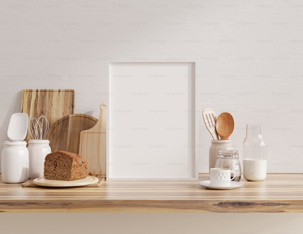 Maqueta del marco del póster en el interior de la cocina con pared blanca en el estante de madera.3d renderizado