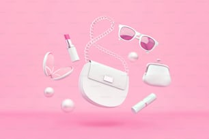 White women's bag, purse, lipstick, mirror, sunglasses flying over pink background. Fashion concept. 3D rendering