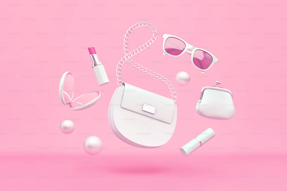 Bolso blanco para mujer, bolso, lápiz labial, espejo, gafas de sol volando sobre fondo rosa. Concepto de moda. Renderizado 3D