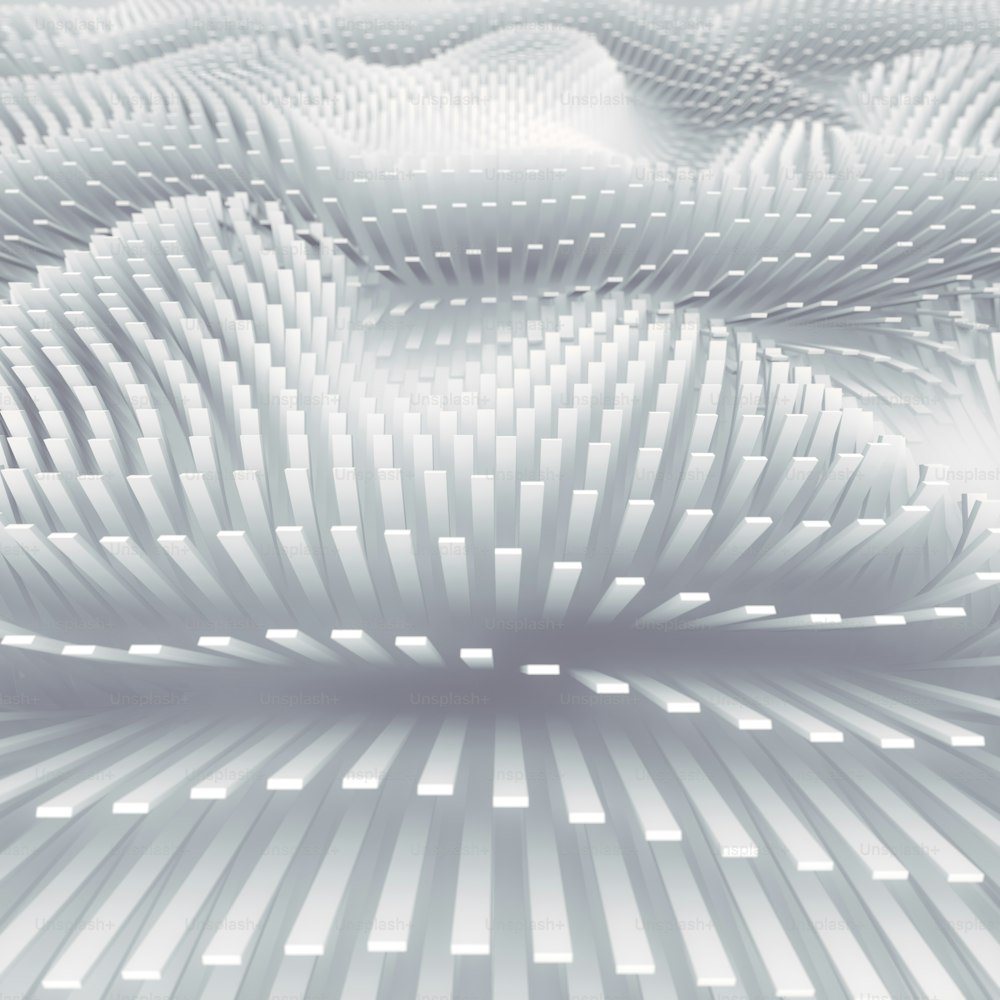 Abstraktes Wellenfeld aus weißen rechteckigen Formen. Zeitgemäße Vorlage für die Covergestaltung. Moderner geometrischer Hintergrund. Digitale 3D-Rendering-Illustration