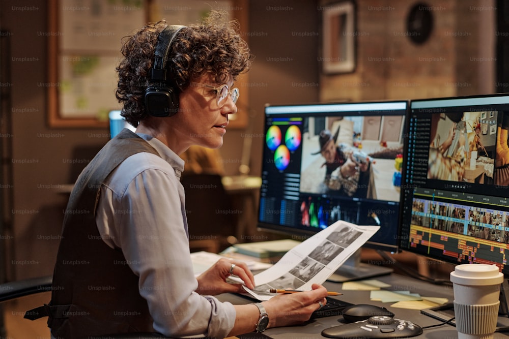 Young colorist in headphones and eyeglasses looking at computer monitor with project and reading script during montage